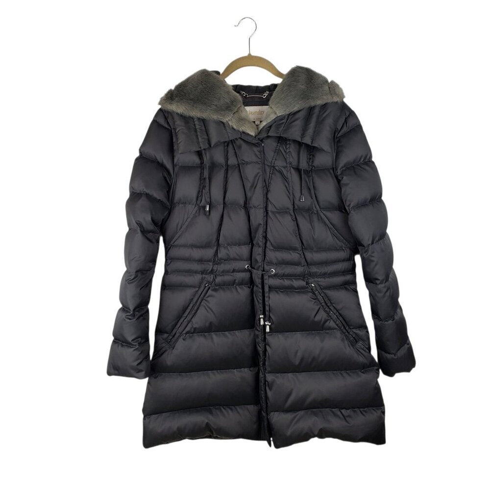 Laundry by Shelli Segal Hooded Down Puffer Coat Gray Fur Trim Womens Large